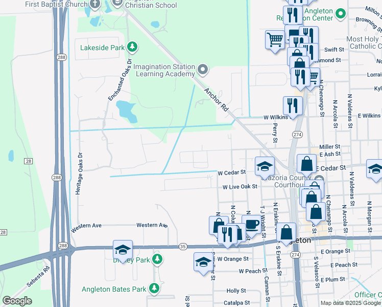 map of restaurants, bars, coffee shops, grocery stores, and more near 901 West Miller Street in Angleton