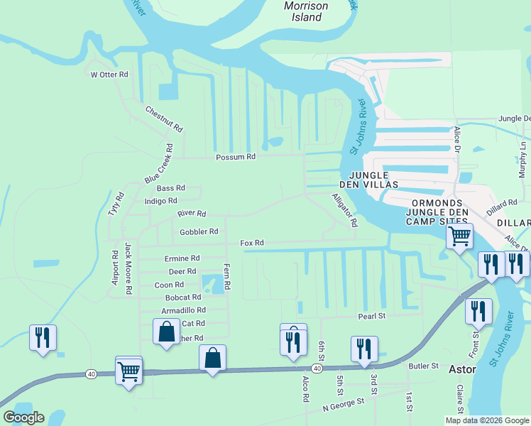 map of restaurants, bars, coffee shops, grocery stores, and more near 24322 River Road in Astor