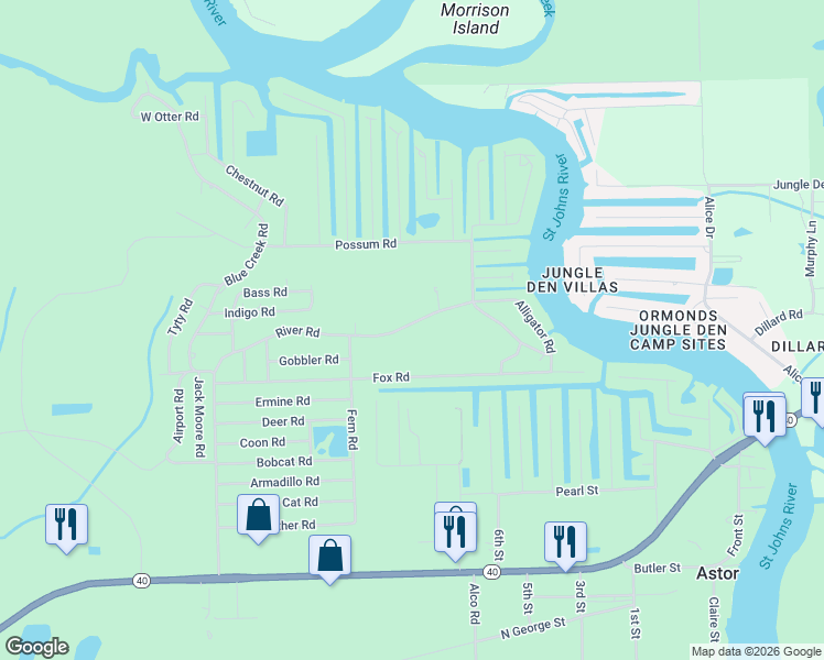 map of restaurants, bars, coffee shops, grocery stores, and more near 24322 River Road in Astor