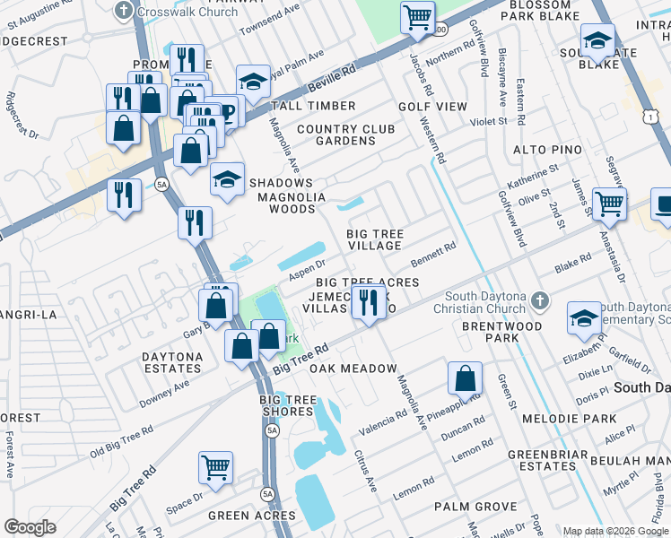 map of restaurants, bars, coffee shops, grocery stores, and more near 901 Boulder Drive in South Daytona