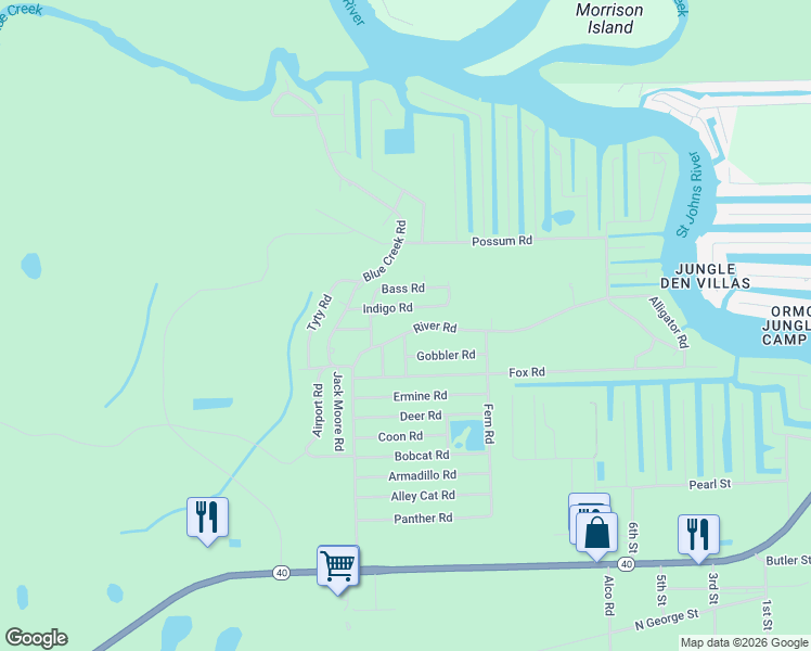 map of restaurants, bars, coffee shops, grocery stores, and more near 24008 River Road in Astor