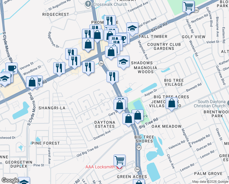 map of restaurants, bars, coffee shops, grocery stores, and more near 1 Carriage Cove Way in Daytona Beach