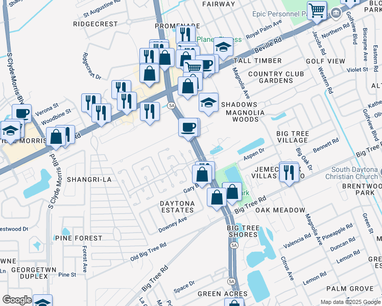 map of restaurants, bars, coffee shops, grocery stores, and more near 1 Carriage Cove Way in Daytona Beach