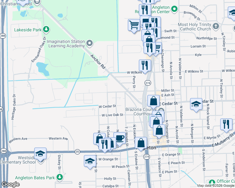 map of restaurants, bars, coffee shops, grocery stores, and more near 701 North Parrish Street in Angleton