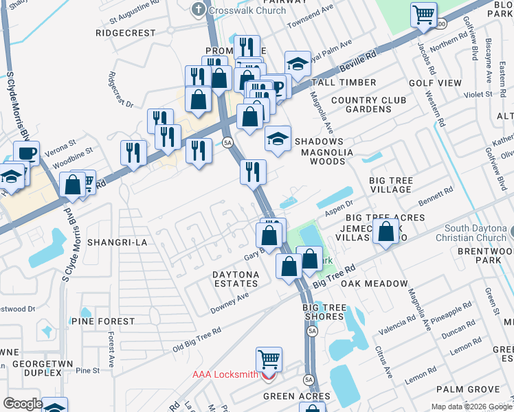map of restaurants, bars, coffee shops, grocery stores, and more near 1 Carriage Cove Way in Daytona Beach