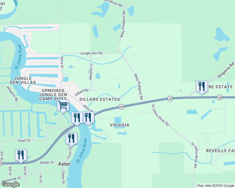 map of restaurants, bars, coffee shops, grocery stores, and more near 1501 Dillard Road in Astor