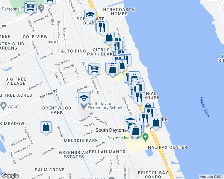 map of restaurants, bars, coffee shops, grocery stores, and more near 2050 South Ridgewood Avenue in South Daytona