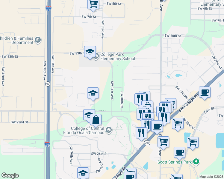 map of restaurants, bars, coffee shops, grocery stores, and more near 1935 Southwest 31st Avenue in Ocala