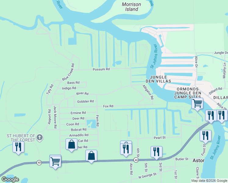 map of restaurants, bars, coffee shops, grocery stores, and more near 24322 River Road in Astor