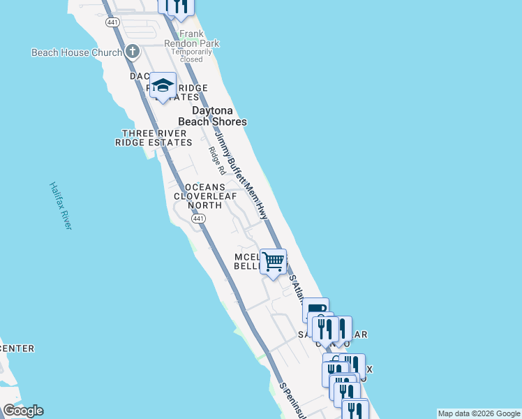 map of restaurants, bars, coffee shops, grocery stores, and more near 2963 Oceans Trace in Daytona Beach