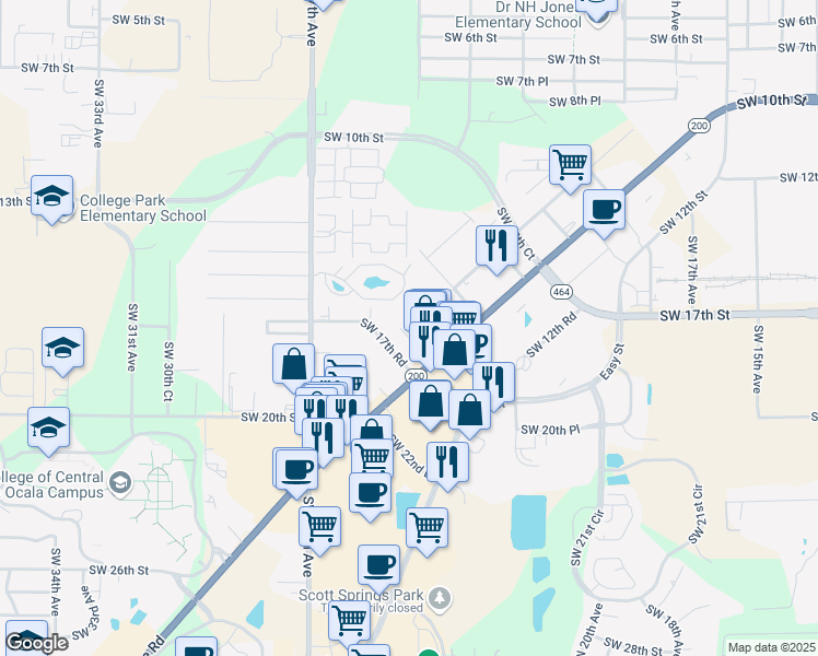 map of restaurants, bars, coffee shops, grocery stores, and more near 2401 Southwest 17th Road in Ocala
