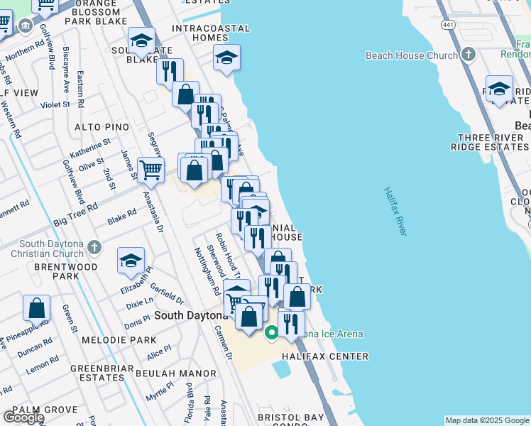 map of restaurants, bars, coffee shops, grocery stores, and more near in South Daytona