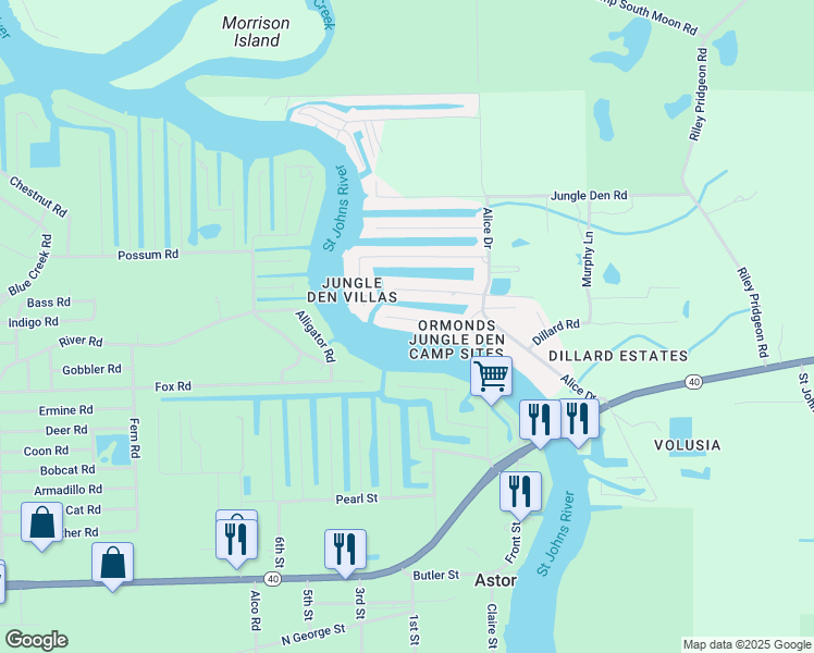 map of restaurants, bars, coffee shops, grocery stores, and more near 1683 River Road in Astor