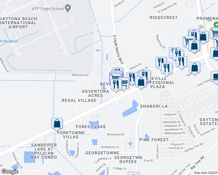 map of restaurants, bars, coffee shops, grocery stores, and more near 8952 Hancock Boulevard in Daytona Beach