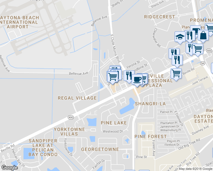 map of restaurants, bars, coffee shops, grocery stores, and more near 1490 Hancock Boulevard in Daytona Beach