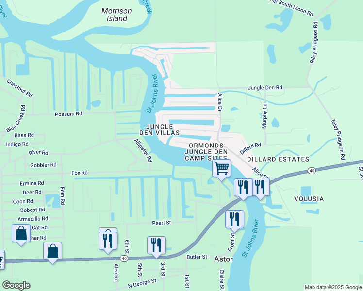 map of restaurants, bars, coffee shops, grocery stores, and more near 1683 River Road in Astor