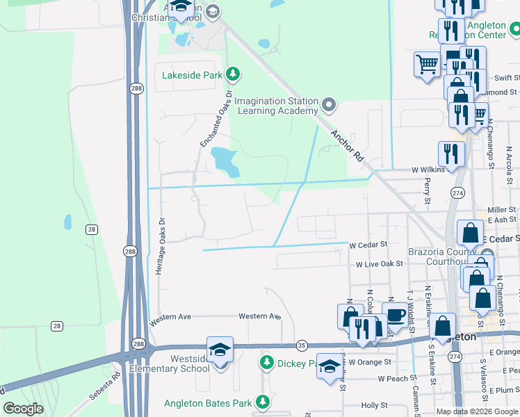 map of restaurants, bars, coffee shops, grocery stores, and more near 819 Oak Ridge Drive in Angleton