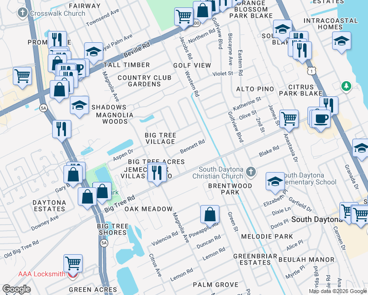 map of restaurants, bars, coffee shops, grocery stores, and more near 792 Little Pine Drive in South Daytona
