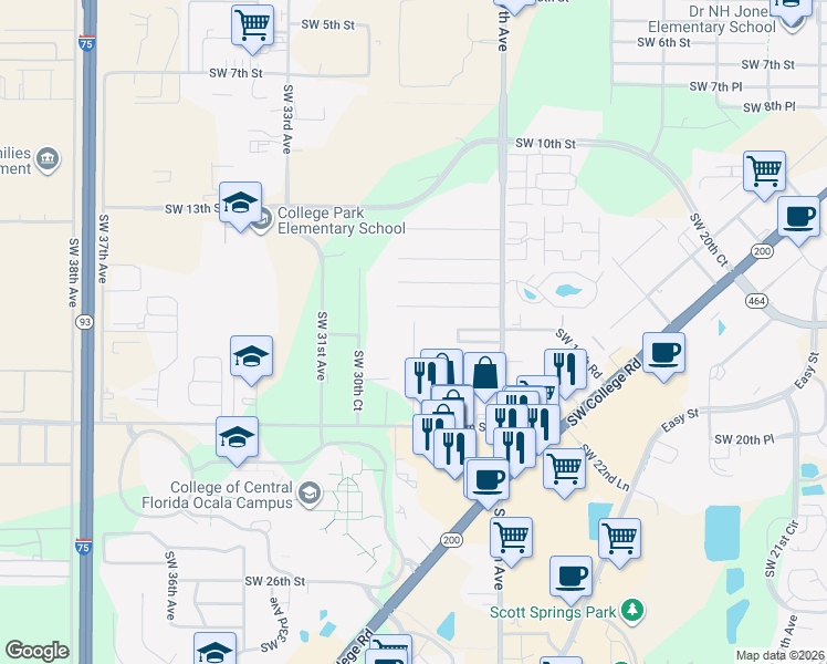 map of restaurants, bars, coffee shops, grocery stores, and more near 1700 Southwest 29th Terrace in Ocala