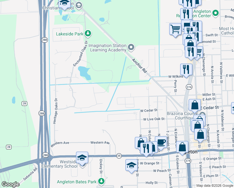 map of restaurants, bars, coffee shops, grocery stores, and more near 816 W Miller St in Angleton