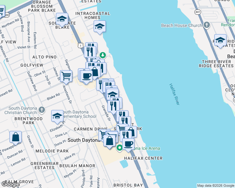 map of restaurants, bars, coffee shops, grocery stores, and more near 2125 South Palmetto Avenue in South Daytona