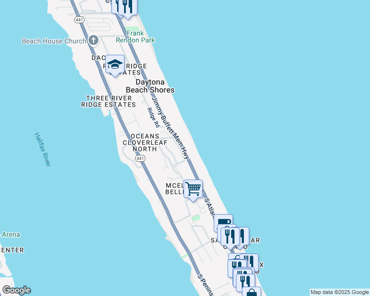 map of restaurants, bars, coffee shops, grocery stores, and more near 2937 South Atlantic Avenue in Daytona Beach Shores