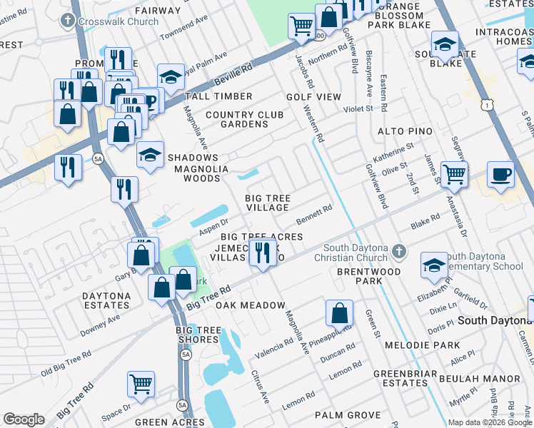 map of restaurants, bars, coffee shops, grocery stores, and more near 798 Aspen Drive in South Daytona