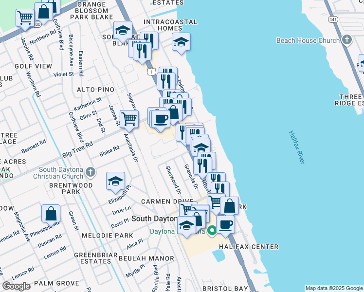 map of restaurants, bars, coffee shops, grocery stores, and more near 2050 South Ridgewood Avenue in South Daytona