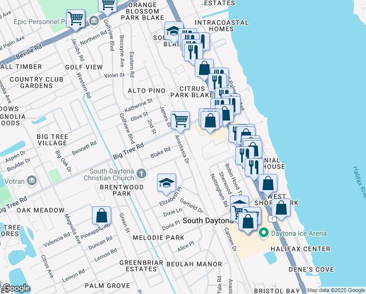 map of restaurants, bars, coffee shops, grocery stores, and more near 2051 Anastasia Drive in South Daytona