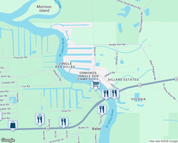 map of restaurants, bars, coffee shops, grocery stores, and more near 1609 Yellow Brick Road in Astor