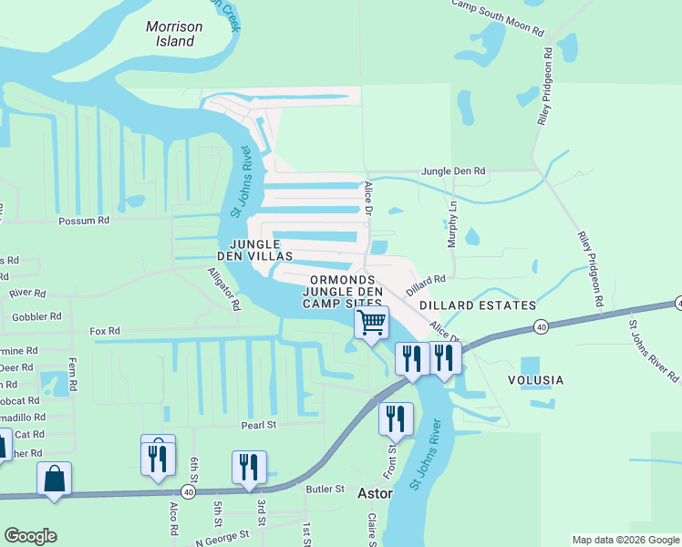 map of restaurants, bars, coffee shops, grocery stores, and more near 1609 Yellow Brick Road in Astor