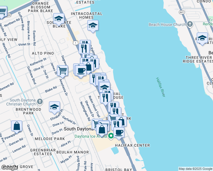 map of restaurants, bars, coffee shops, grocery stores, and more near 2125 South Palmetto Avenue in South Daytona