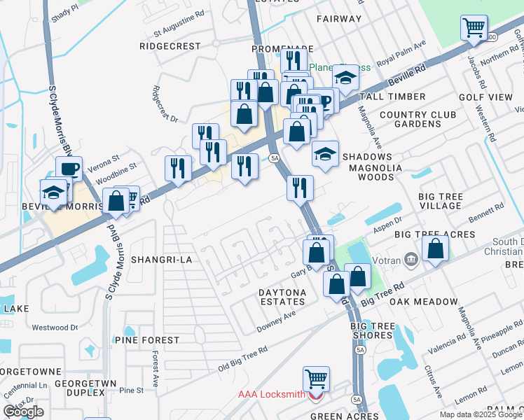 map of restaurants, bars, coffee shops, grocery stores, and more near 1009 June Terrace in Daytona Beach