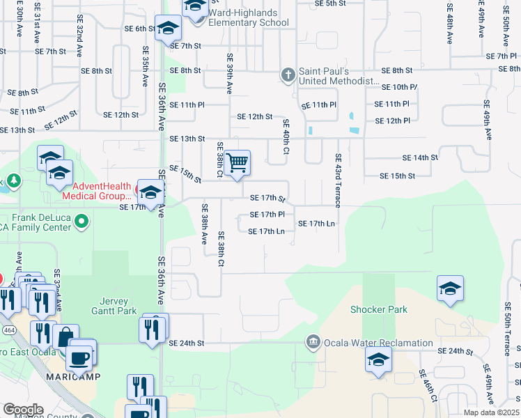 map of restaurants, bars, coffee shops, grocery stores, and more near 3932 Southeast 17th Street in Ocala