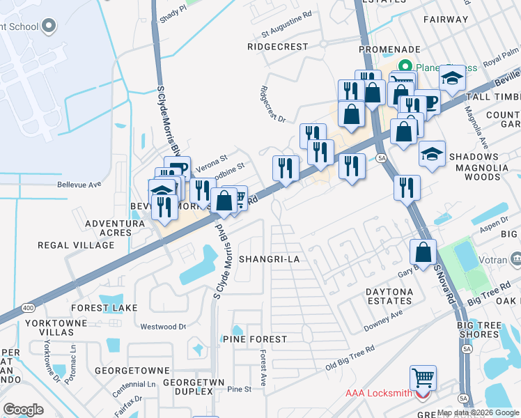 map of restaurants, bars, coffee shops, grocery stores, and more near 1301 Beville Road in Daytona Beach