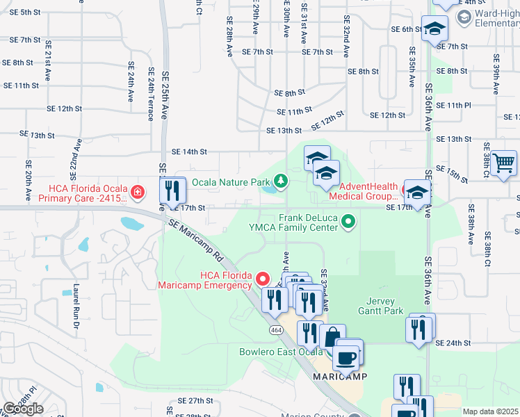 map of restaurants, bars, coffee shops, grocery stores, and more near 2862 Southeast 17th Street in Ocala
