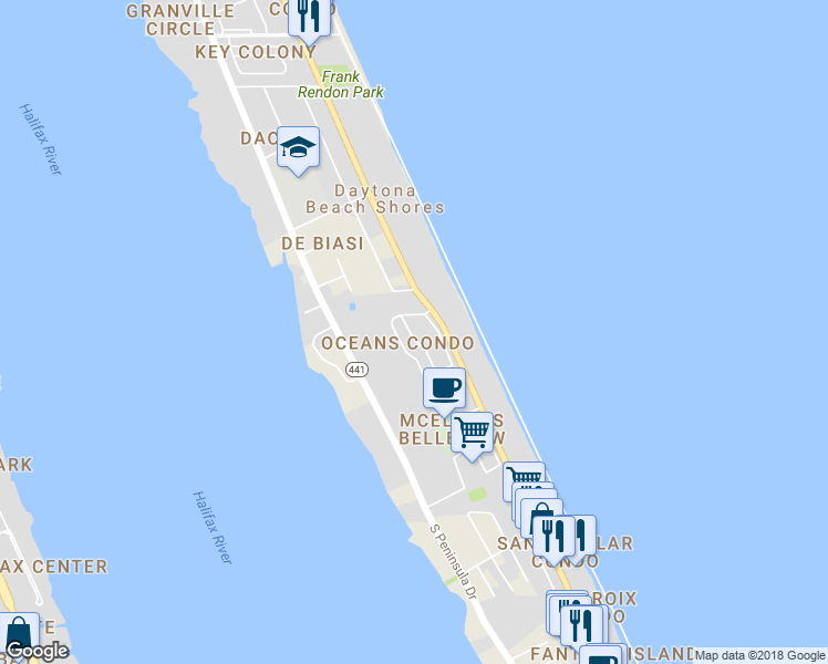 map of restaurants, bars, coffee shops, grocery stores, and more near 2931 Oceans Trace in Daytona Beach