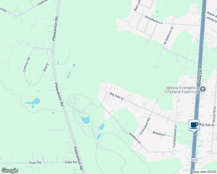 map of restaurants, bars, coffee shops, grocery stores, and more near 319 Big Oak Drive in San Antonio