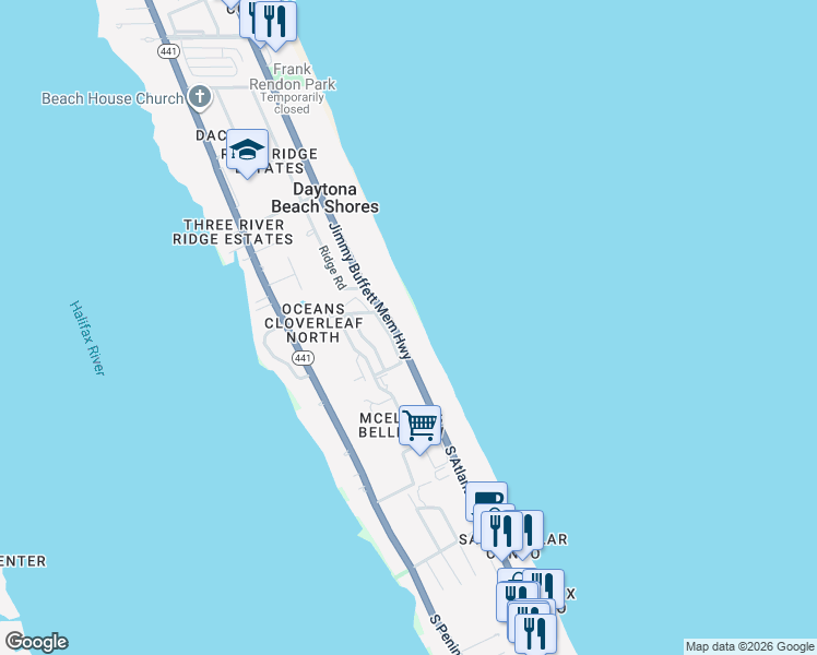 map of restaurants, bars, coffee shops, grocery stores, and more near 2937 South Atlantic Avenue in Daytona Beach