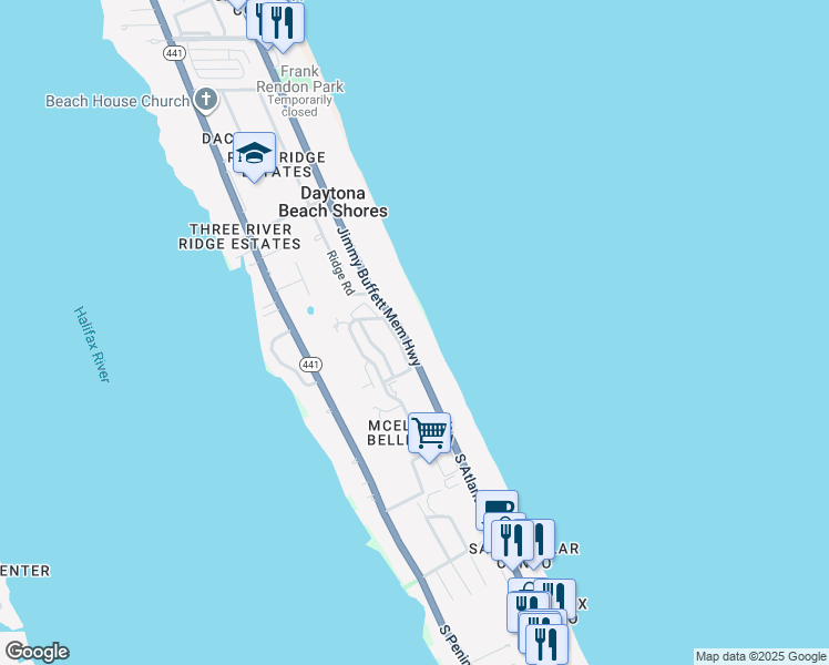 map of restaurants, bars, coffee shops, grocery stores, and more near 2937 South Atlantic Avenue in Daytona Beach Shores