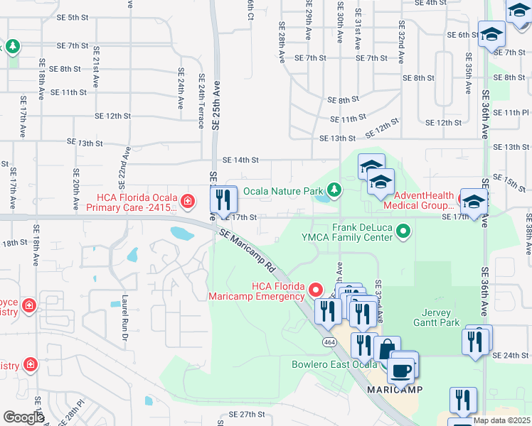 map of restaurants, bars, coffee shops, grocery stores, and more near 2801 Southeast 17th Street in Ocala