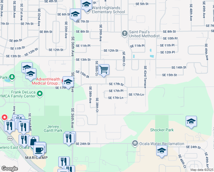 map of restaurants, bars, coffee shops, grocery stores, and more near 3932 Southeast 17th Street in Ocala