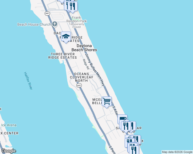 map of restaurants, bars, coffee shops, grocery stores, and more near 2924 Sea Oats Circle in Daytona Beach