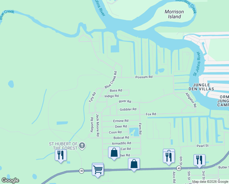 map of restaurants, bars, coffee shops, grocery stores, and more near 24002 Bass Road in Astor