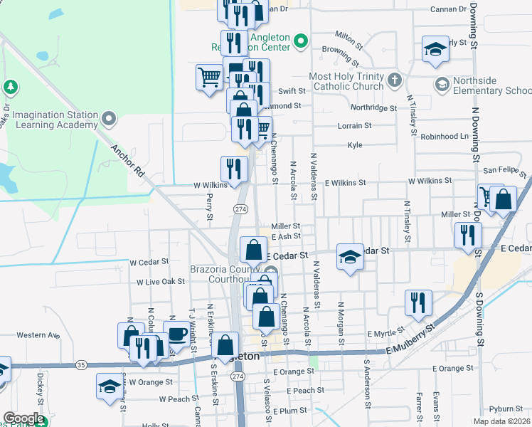 map of restaurants, bars, coffee shops, grocery stores, and more near 900 North Velasco Street in Angleton