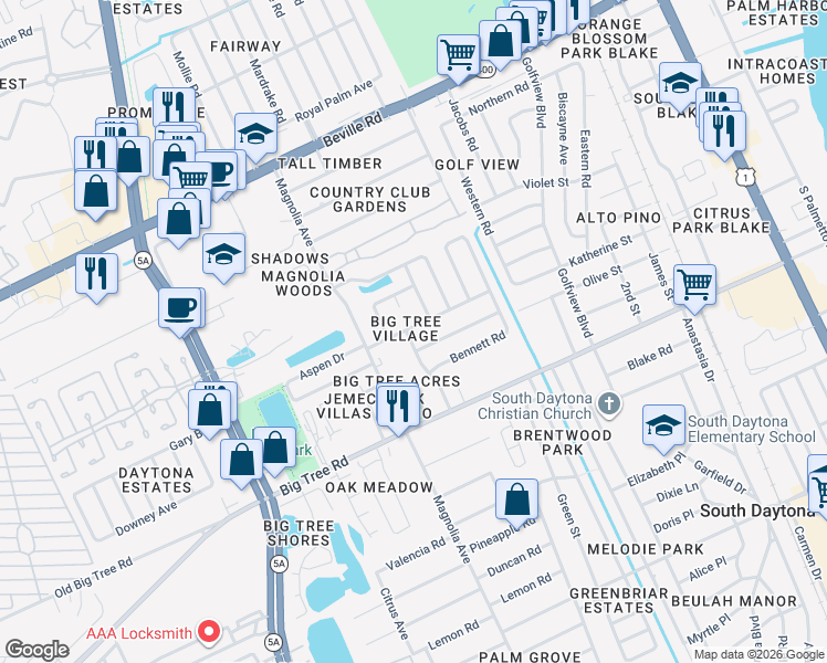 map of restaurants, bars, coffee shops, grocery stores, and more near 798 Aspen Drive in South Daytona