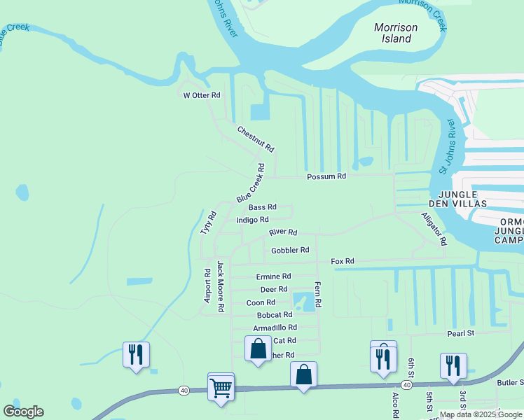 map of restaurants, bars, coffee shops, grocery stores, and more near 24002 Bass Road in Astor
