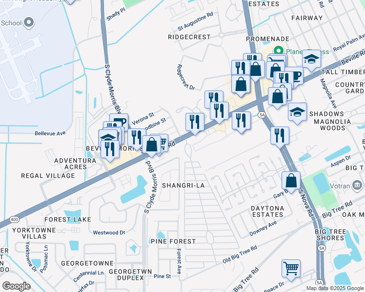 map of restaurants, bars, coffee shops, grocery stores, and more near 1301 Beville Road in Daytona Beach