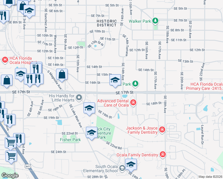 map of restaurants, bars, coffee shops, grocery stores, and more near 1309 Southeast 17th Street in Ocala