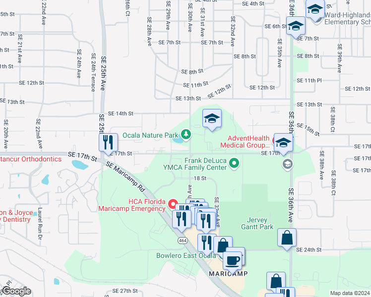 map of restaurants, bars, coffee shops, grocery stores, and more near 2937 Southeast 17th Street in Ocala